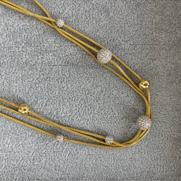 NWOT nOir Jewelry Gold Plated Triple Strand Necklace w CZ Pave Spheres - Picture 2 of 5